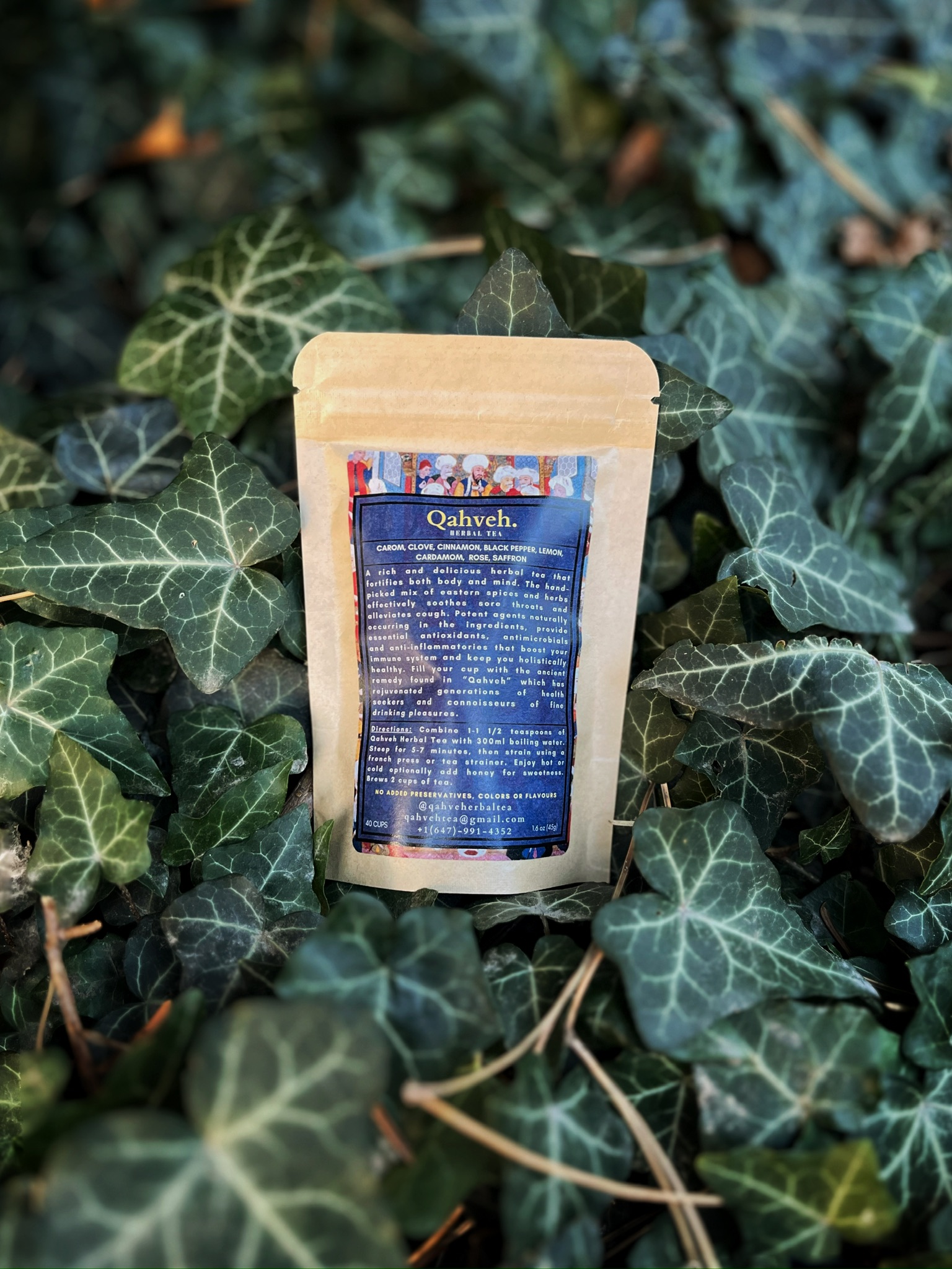 Qahveh Herbal Tea among ivy leaves
