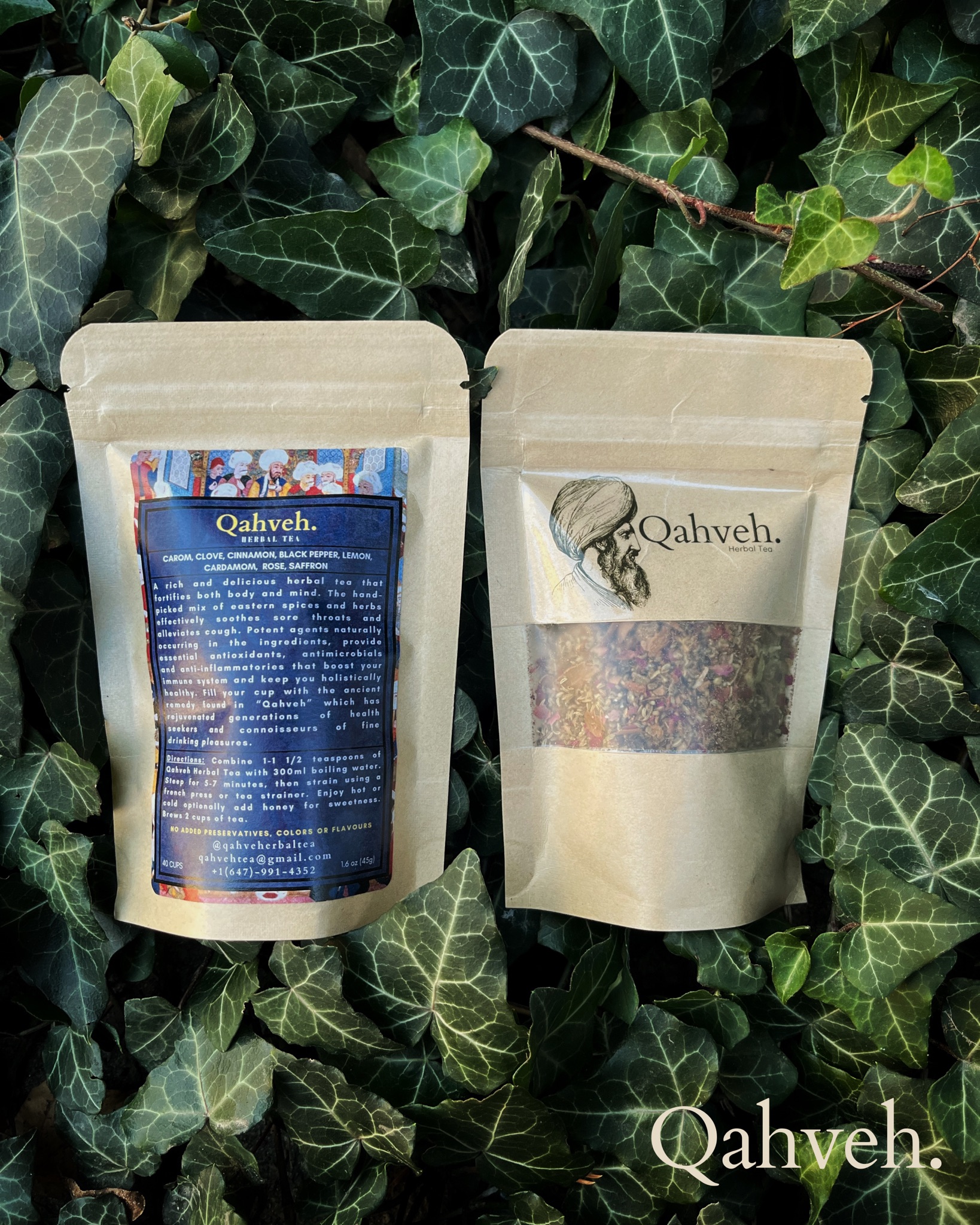 Front and back views of Qahveh Herbal Tea packaging